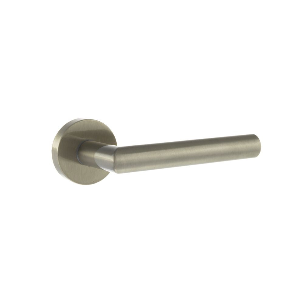 High quality image of Forme Elle Designer Lever on Minimal Round Rose - Satin Nickel | Sku. fmr236sn | available to order from Trade Door Handles in Kendal.