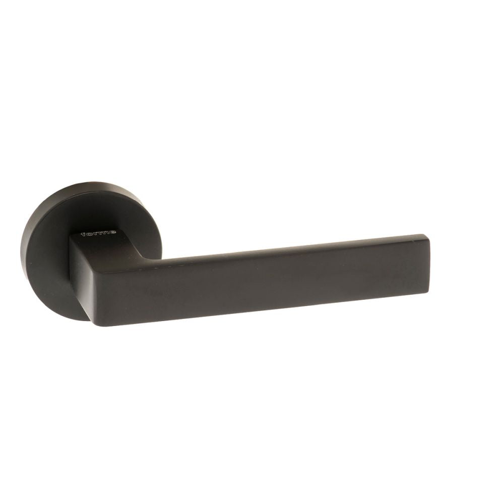 High quality image of Forme Asti Designer Lever on Minimal Round Rose - Matt Black | Sku. fmr254mb | available to order from Trade Door Handles in Kendal.