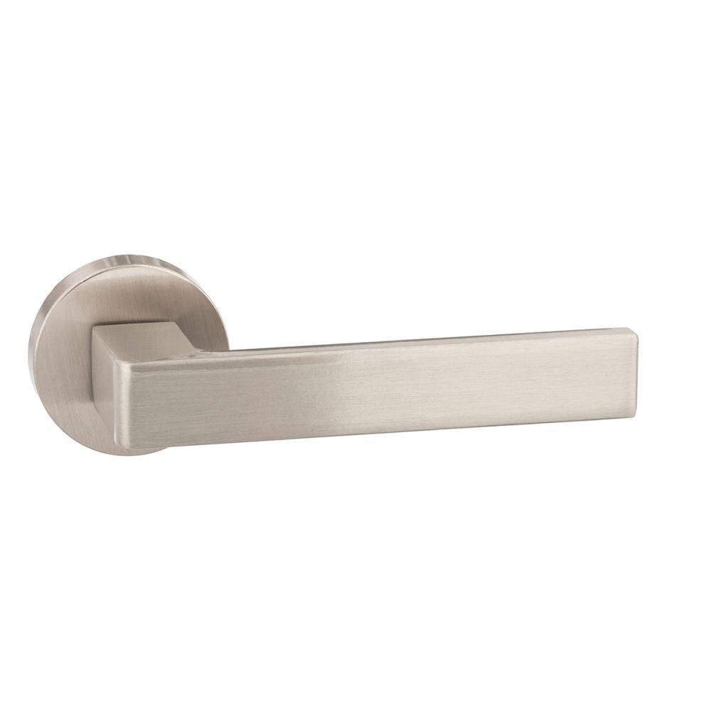 High quality image of Forme Asti Designer Lever on Minimal Round Rose - Satin Nickel | Sku. fmr254sn | available to order from Trade Door Handles in Kendal.