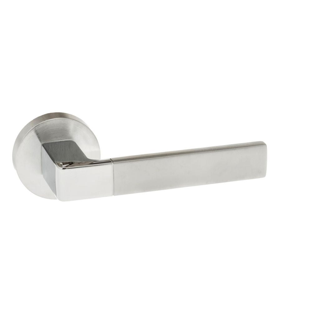 High quality image of Forme Asti Designer Lever on Minimal Round Rose - Satin Chrome/Polished Chrome | Sku. fmr255scpc | available to order from Trade Door Handles in Kendal.
