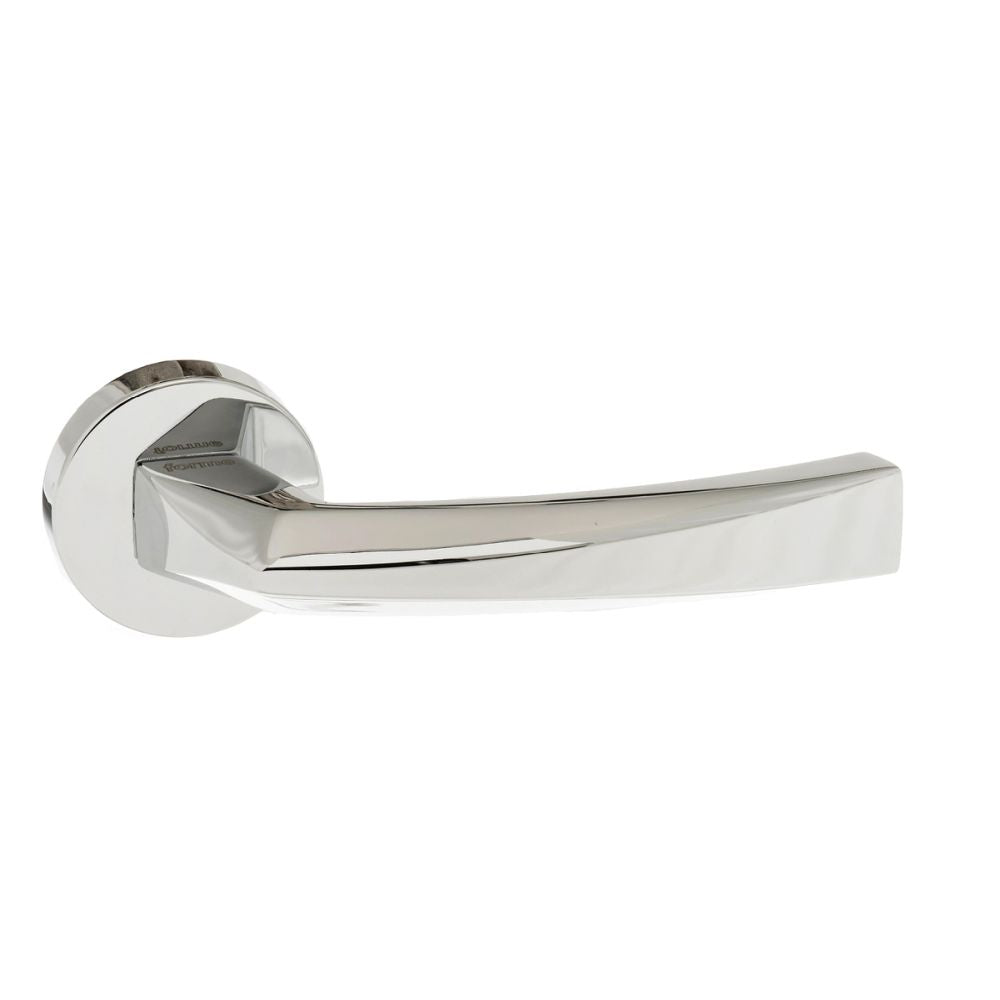 High quality image of Forme Crystal Designer Lever on Minimal Round Rose - Polished Chrome | Sku. fmr268pc | available to order from Trade Door Handles in Kendal.
