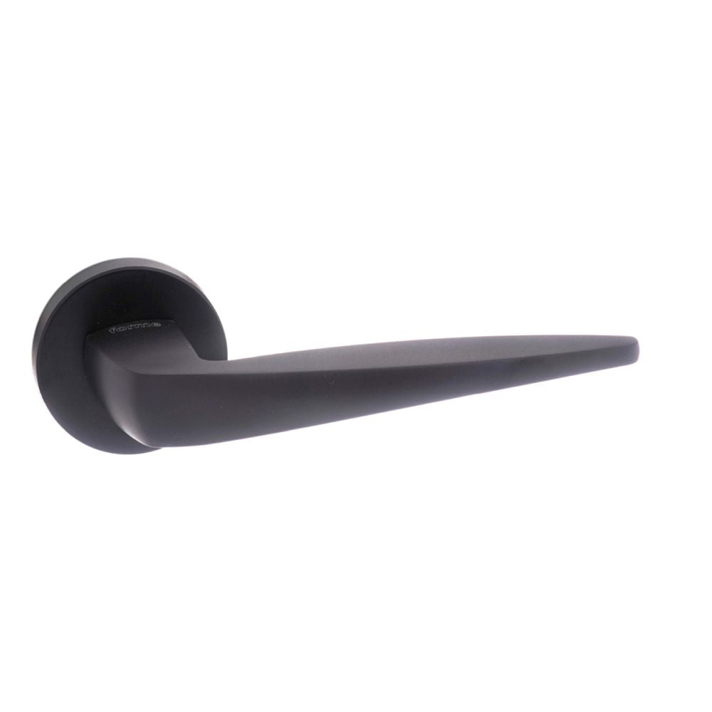 High quality image of Forme Foglia Designer Lever on Minimal Round Rose - Matt Black | Sku. fmr272mb | available to order from Trade Door Handles in Kendal.