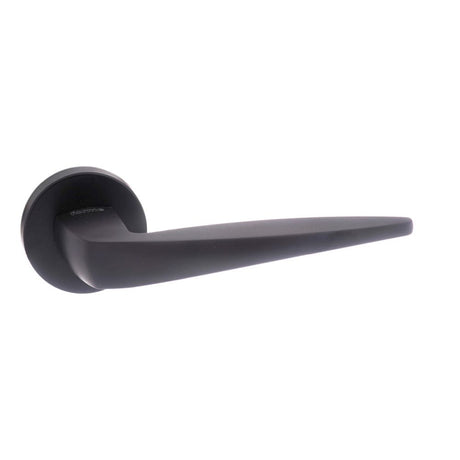 This is an image of Forme Foglia Designer Lever on Minimal Round Rose - Matt Black available to order from Trade Door Handles.