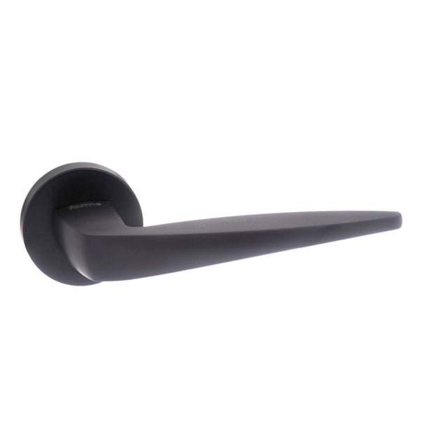 High quality image of Forme Foglia Designer Lever on Minimal Round Rose - Matt Black | Sku. fmr272mb | available to order from Trade Door Handles in Kendal.