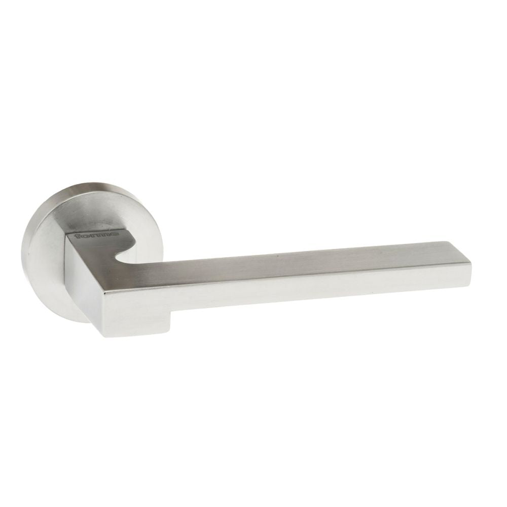 High quality image of Forme Ginevra Designer Lever on Minimal Round Rose - Satin Chrome | Sku. fmr430sc | available to order from Trade Door Handles in Kendal.