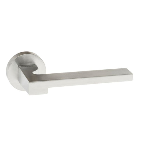 High quality image of Forme Ginevra Designer Lever on Minimal Round Rose - Satin Chrome | Sku. fmr430sc | available to order from Trade Door Handles in Kendal.
