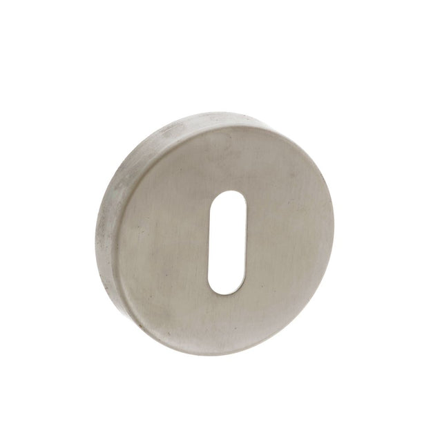 This is an image of Forme Key Escutcheon on Minimal Round Rose - Satin Nickel available to order from Trade Door Handles.