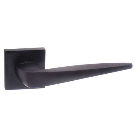 This is an image of Forme Foglia Designer Lever on Minimal Square Rose - Matt Black available to order from Trade Door Handles.