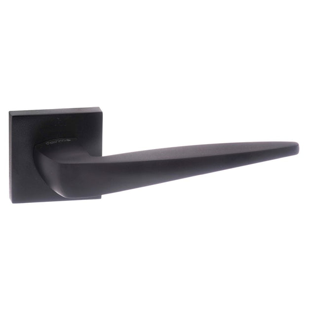 High quality image of Forme Foglia Designer Lever on Minimal Square Rose - Matt Black | Sku. fms272mb | available to order from Trade Door Handles in Kendal.