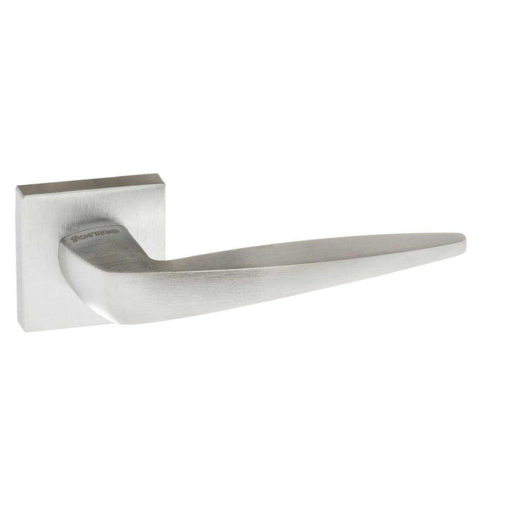 High quality image of Forme Foglia Designer Lever on Minimal Square Rose - Satin Chrome | Sku. fms272sc | available to order from Trade Door Handles in Kendal.
