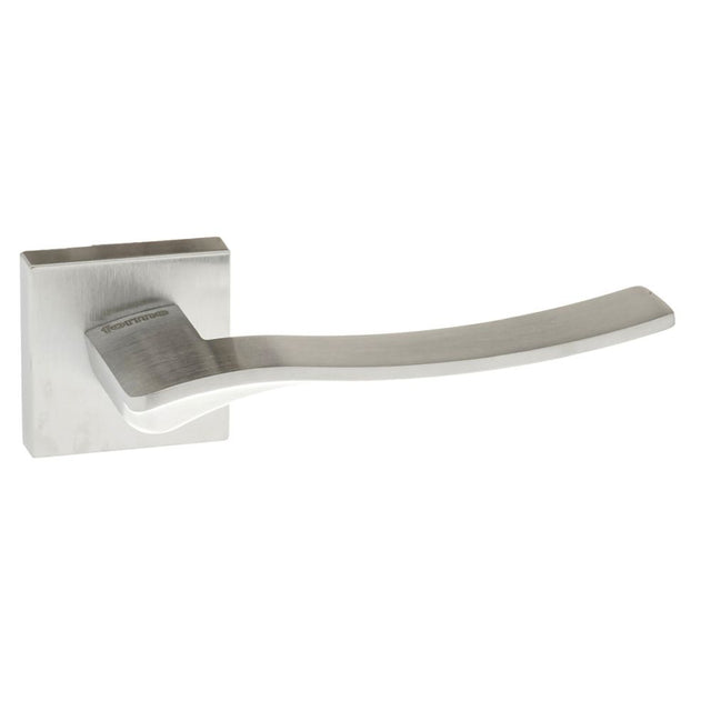 High quality image of Forme Olimpia Designer Lever on Minimal Square Rose - Satin Chrome | Sku. fms280sc | available to order from Trade Door Handles in Kendal.
