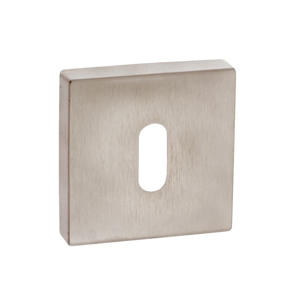 This is an image of Forme Key Escutcheon on Minimal Square Rose - Satin Nickel available to order from Trade Door Handles.