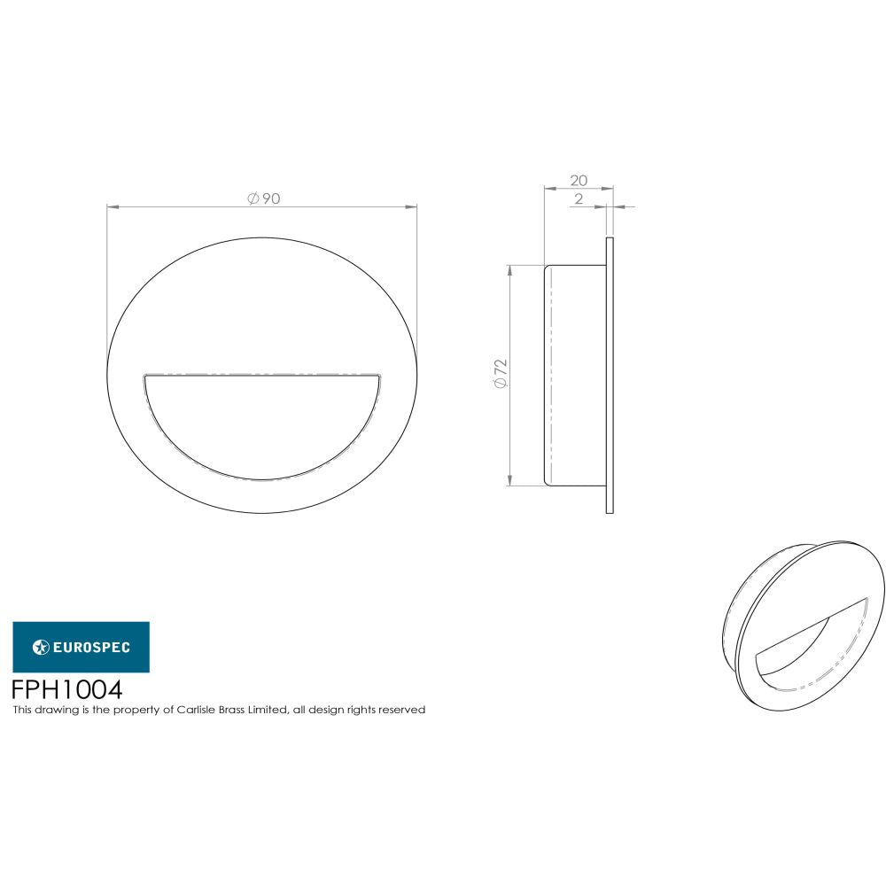 This image is a line drwaing of a Eurospec - Circular Flush Pull - Bright Stainless Steel available to order from Trade Door Handles in Kendal