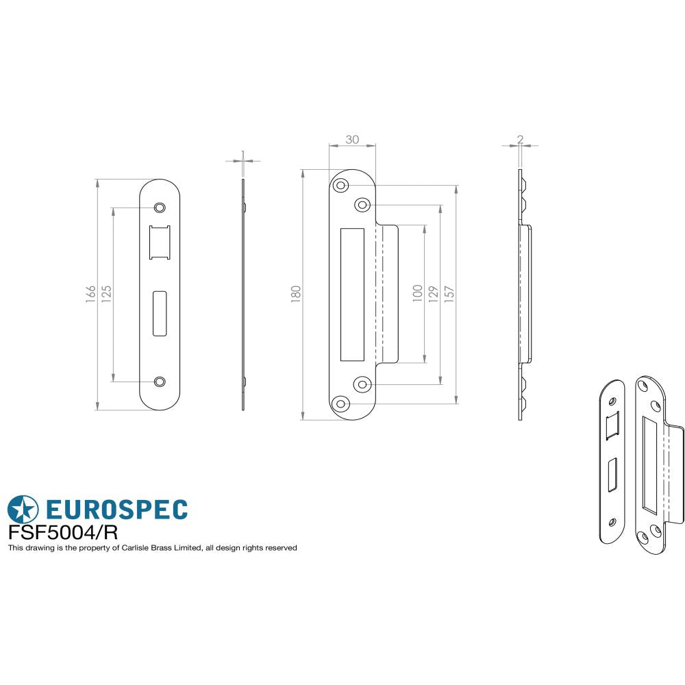 This image is a line drwaing of a Eurospec - Easi - T Forend Strike and Fixing Pack - Radius Forend - Satin Stainl available to order from Trade Door Handles in Kendal