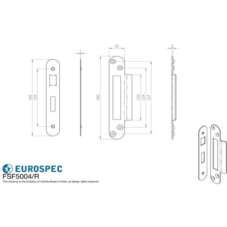 This image is a line drwaing of a Eurospec - Easi - T Forend Strike and Fixing Pack - Radius Forend - Satin Stainl available to order from Trade Door Handles in Kendal