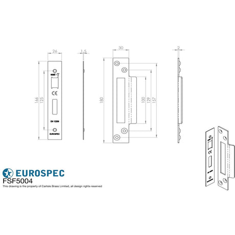 This image is a line drwaing of a Eurospec - Easi - T Forend Strike and Fixing Pack-Satin Stainless Steel-Square F available to order from Trade Door Handles in Kendal