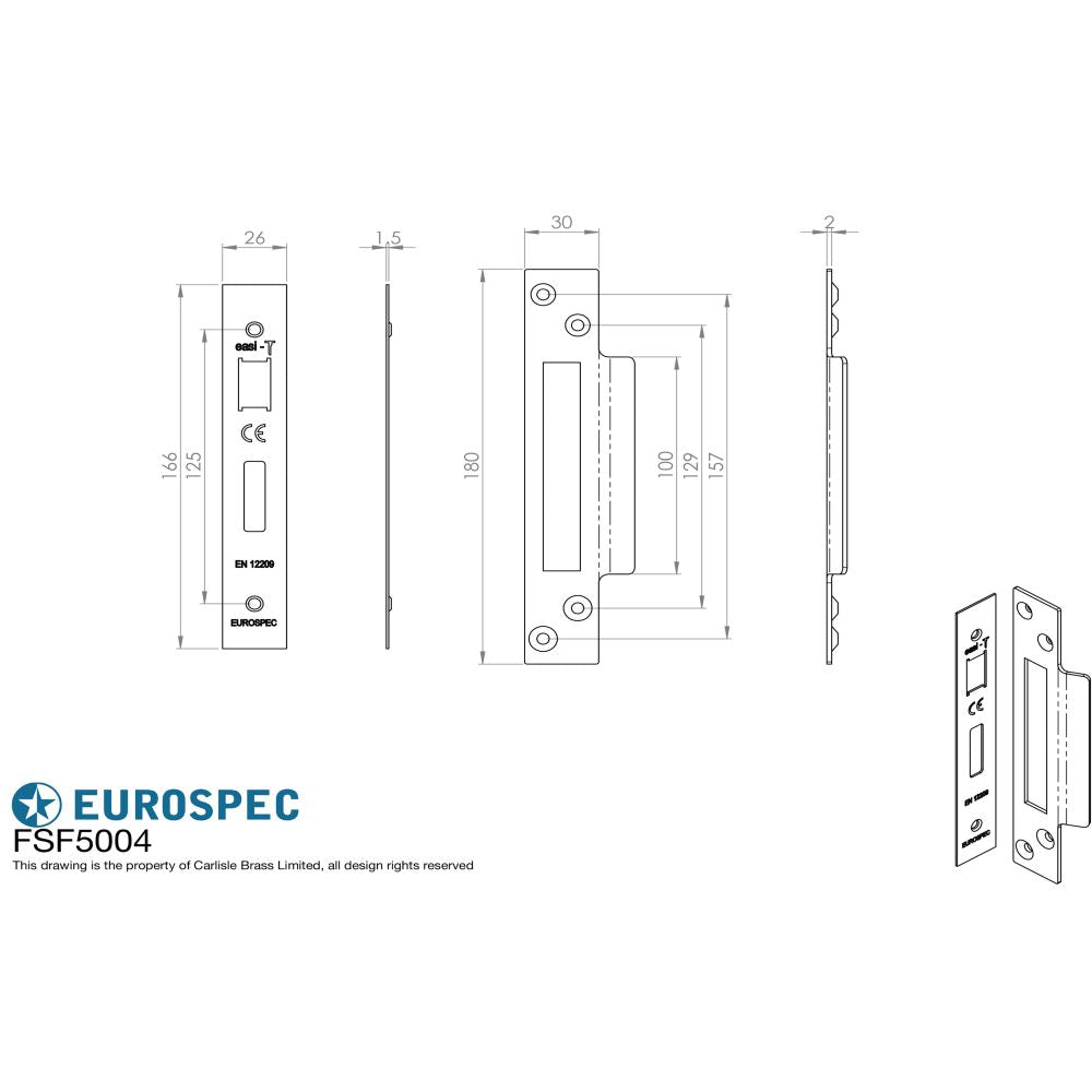 This image is a line drwaing of a Eurospec - Easi - T Forend Strike and Fixing Pack-PVD-Square Forend - PVD available to order from Trade Door Handles in Kendal