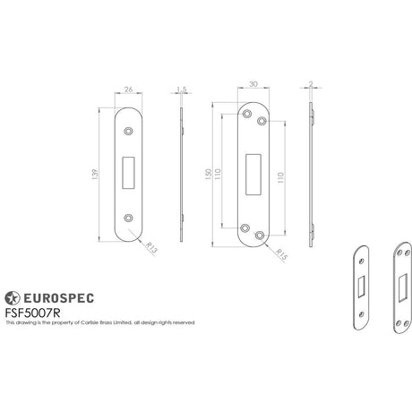 This image is a line drwaing of a Eurospec - Easi T Forend Strikes & Fixing Pack Deadlocks - Radius Forend - Satin available to order from Trade Door Handles in Kendal