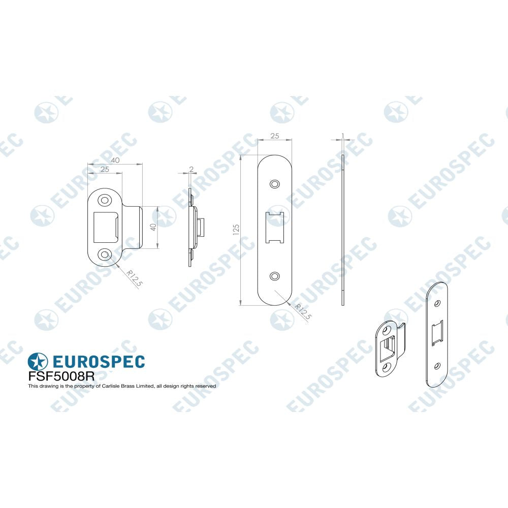 This image is a line drwaing of a Eurospec - Forend Strike & Fixing Pack To Suit Flat Latch FLL5030-Satin Stainles available to order from Trade Door Handles in Kendal