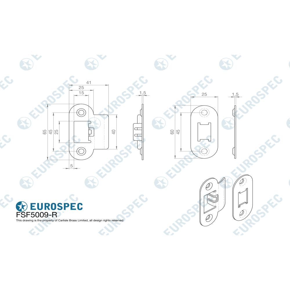 This image is a line drwaing of a Eurospec - Forend Strike & Fixing Pack to suit Heavy Duty Tubular Latch Radius available to order from Trade Door Handles in Kendal