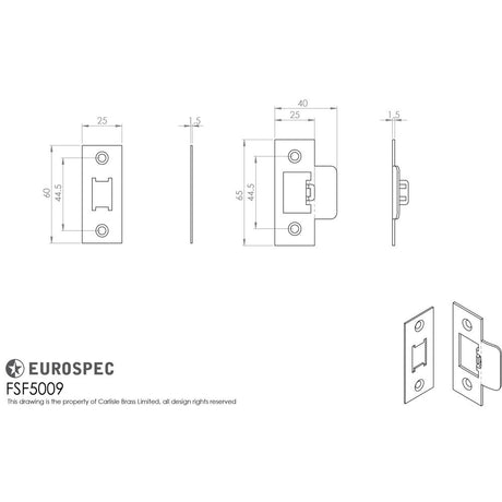 This image is a line drwaing of a Eurospec - Forend Strike & Fixing Pack To Suit Heavy Duty Tubular Latch-Bright S available to order from Trade Door Handles in Kendal