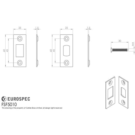 This image is a line drwaing of a Eurospec - Forend Strike & Fixing Pack To Suit Heavy Duty Tubular Deadbolt-Satin available to order from Trade Door Handles in Kendal