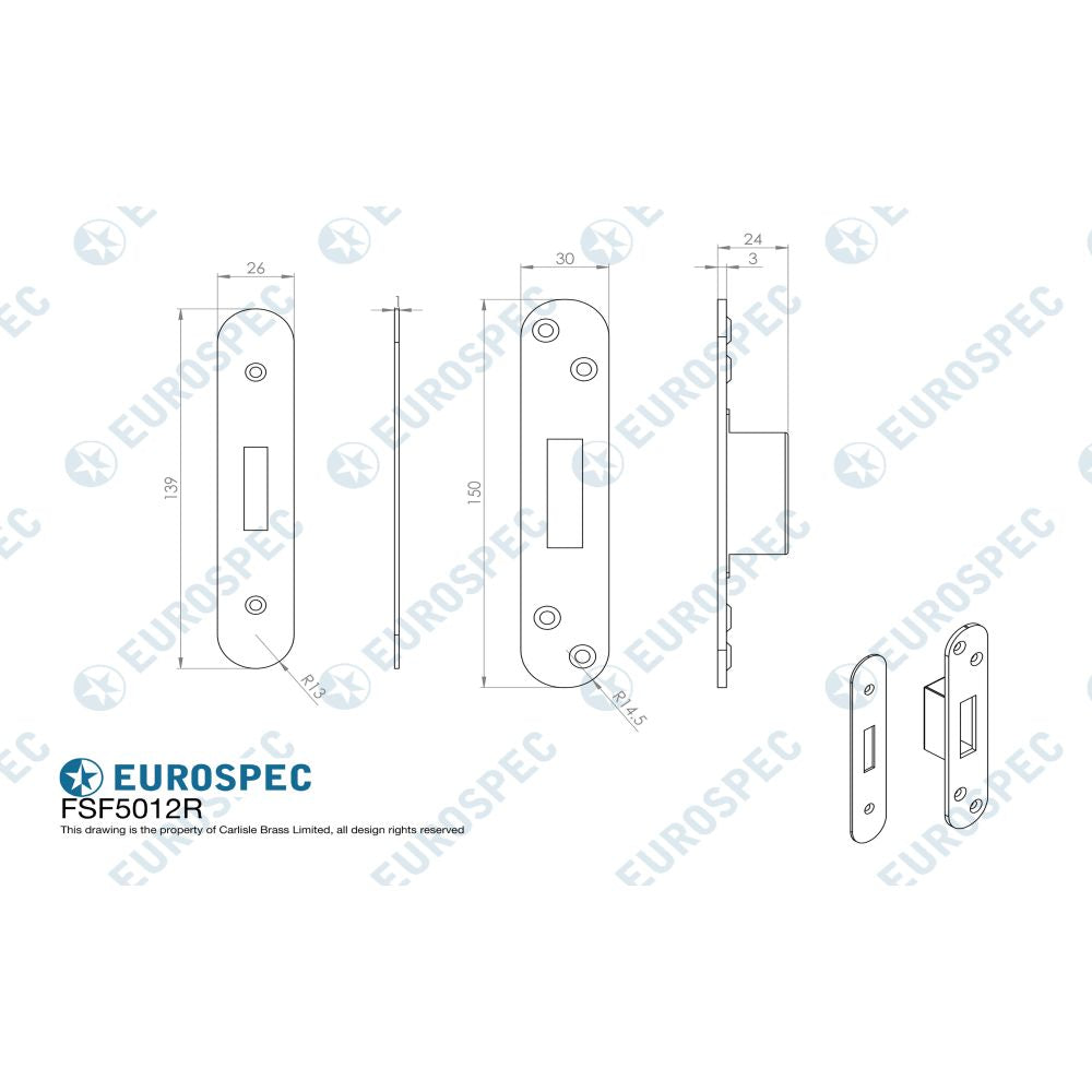 This image is a line drwaing of a Eurospec - Easi T Forend Strikes & Fixing Pack To Suit BS 5 Lever Deadlock-Brigh available to order from Trade Door Handles in Kendal