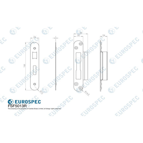 This image is a line drwaing of a Eurospec - Easi T Forend Strike & FIxing Pack To Suit BS 5 Lever Sashlock-Bright available to order from Trade Door Handles in Kendal