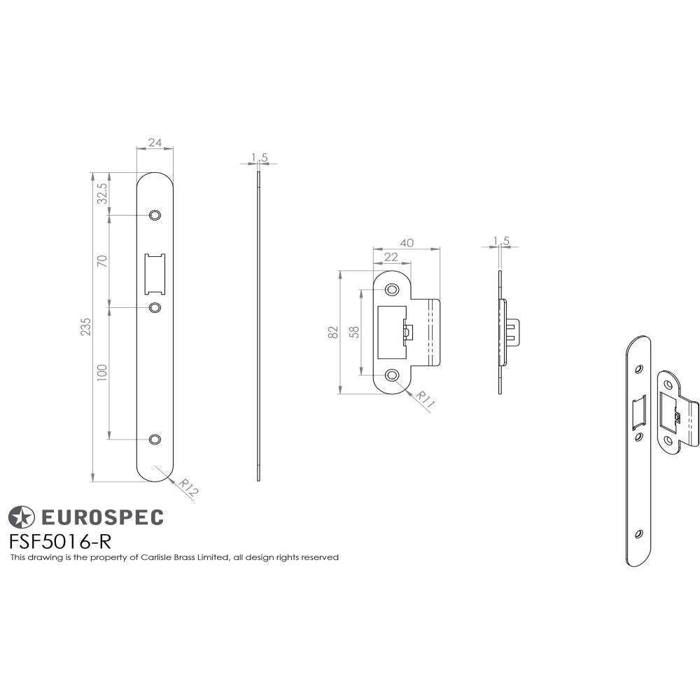 This image is a line drwaing of a Eurospec - Forend Strike and Fixing Pack to suit Din Latch (Security) Radius available to order from Trade Door Handles in Kendal