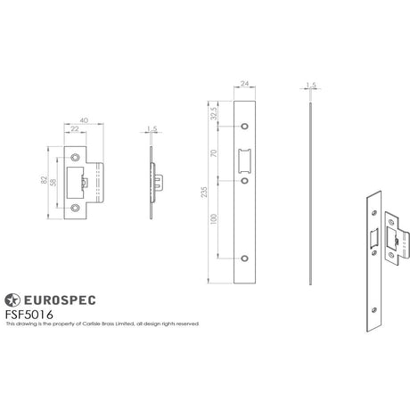 This image is a line drwaing of a Eurospec - Forend Strike & Fixing Pack To Suit Din Latch (Security) available to order from Trade Door Handles in Kendal