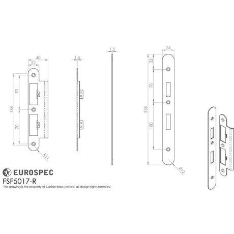 This image is a line drwaing of a Eurospec - Forend Strike and Fixing Pack to suit Din Euro Sash/Bathroom Lock (Se available to order from Trade Door Handles in Kendal