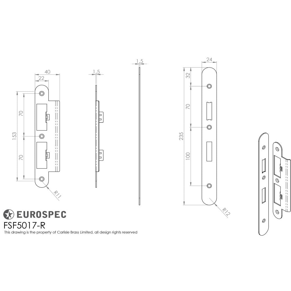 This image is a line drwaing of a Eurospec - Forend Strike & Fixing Pack To Suit Din Euro Sash/Bathroom Lock-PVD-R available to order from Trade Door Handles in Kendal