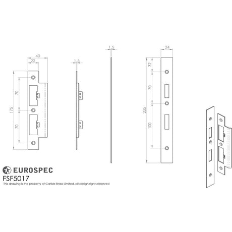 This image is a line drwaing of a Eurospec - Din Sash Bathroom Forend & Strike Pack available to order from Trade Door Handles in Kendal