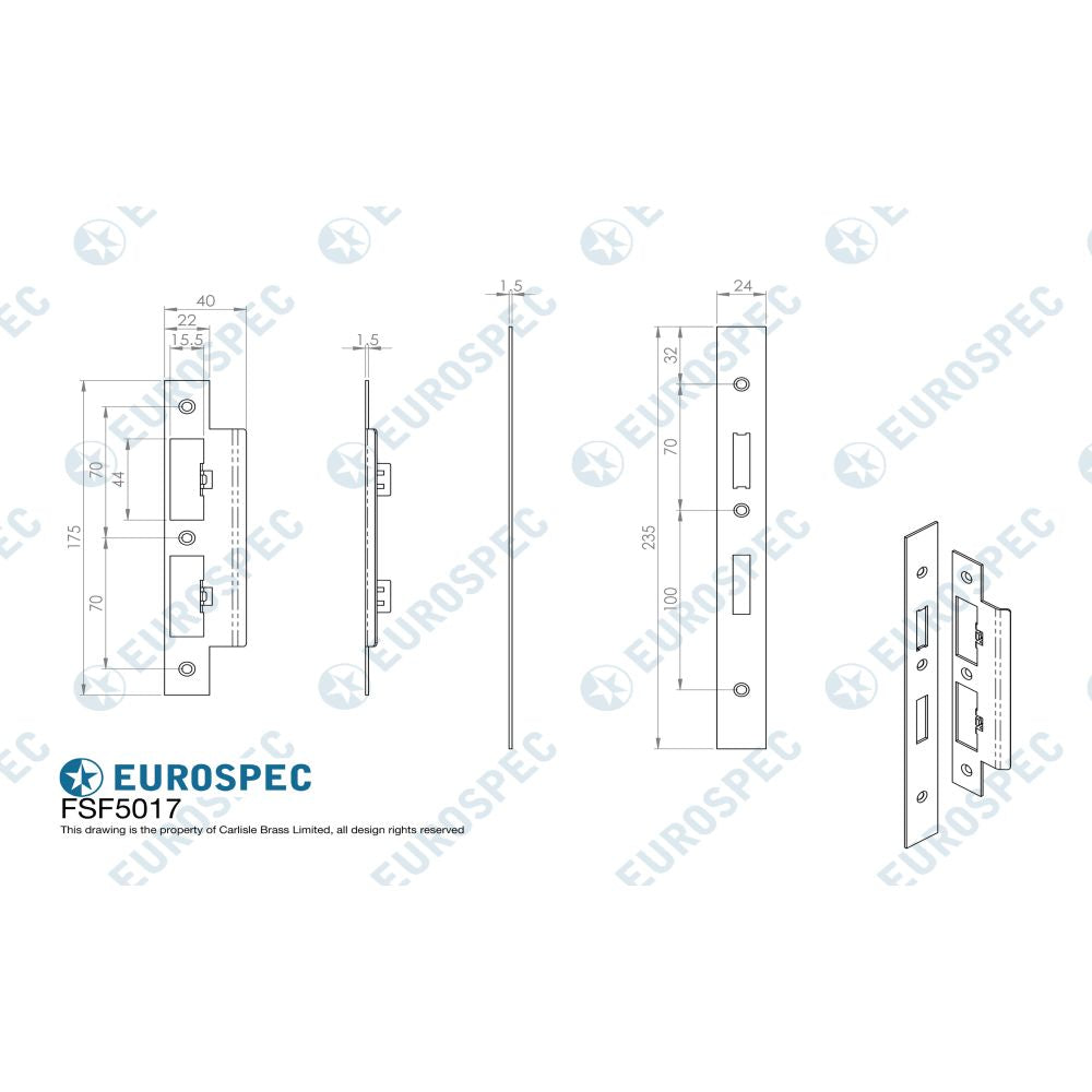 This image is a line drwaing of a Eurospec - Forend Strike & Fixing Pack To Suit Din Euro Sash/Bathroom Lock-Brigh available to order from Trade Door Handles in Kendal