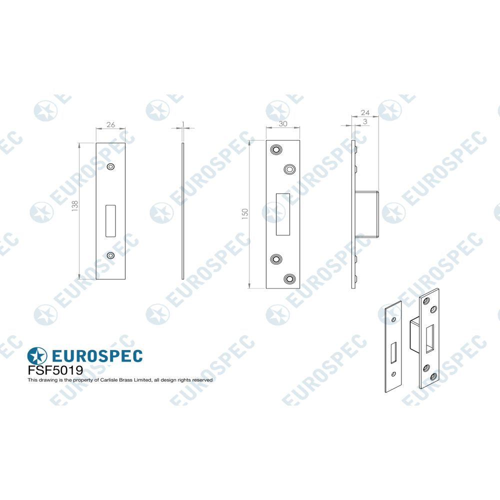 High quality image of Eurospec - Easi T Forend Strike & Fixing Pack To Suit Euro Profile BS Cylinder D | Sku. fsf5019pvd | Trade Door Handles, Kendal.