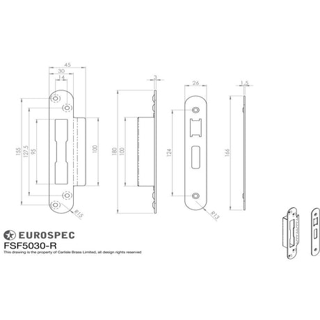 This image is a line drwaing of a Eurospec - Forend Strike & Fixing Pack To Suit BS8621 Cylinder Sashlock-Satin St available to order from Trade Door Handles in Kendal