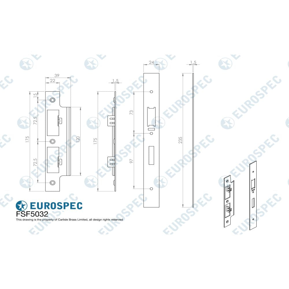 This image is a line drwaing of a Eurospec - Forend Strike & Fixing Pack To Suit Din Escape Lock-PVD-Square Forend available to order from Trade Door Handles in Kendal