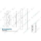 This image is a line drwaing of a Eurospec - Forend Strike & Fixing Pack To Suit Din Escape Lock-PVD-Square Forend available to order from Trade Door Handles in Kendal