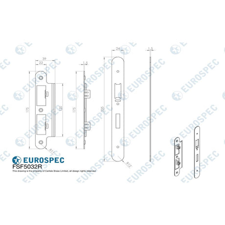 This image is a line drwaing of a Eurospec - Forend Strike & Fixing Pack To Suit Din Escape Lock-Satin Stainless S available to order from Trade Door Handles in Kendal