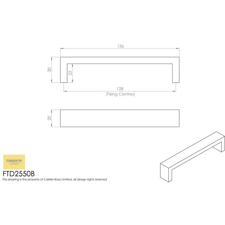This image is a line drwaing of a FTD - Rectangular Section D-Handle 128mm - Stainless Steel available to order from Trade Door Handles in Kendal