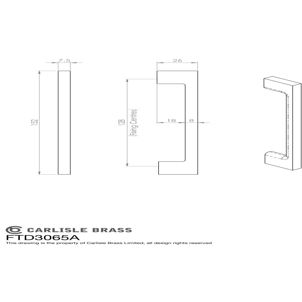 This image is a line drwaing of a FTD - Slim D Handle 152mm - Polished Chrome available to order from Trade Door Handles in Kendal