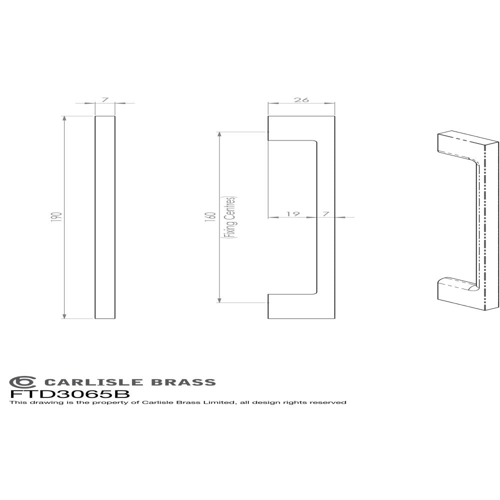 This image is a line drwaing of a FTD - Slim D Handle 190mm Satin Nickel - Satin Nickel available to order from Trade Door Handles in Kendal