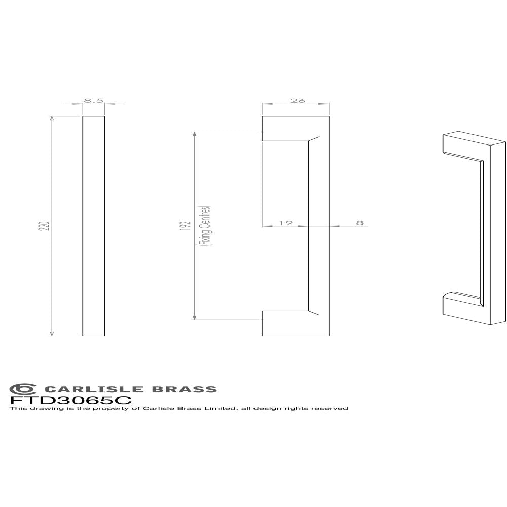 This image is a line drwaing of a FTD - Slim D Handle 220mm Satin Nickel - Satin Nickel available to order from Trade Door Handles in Kendal