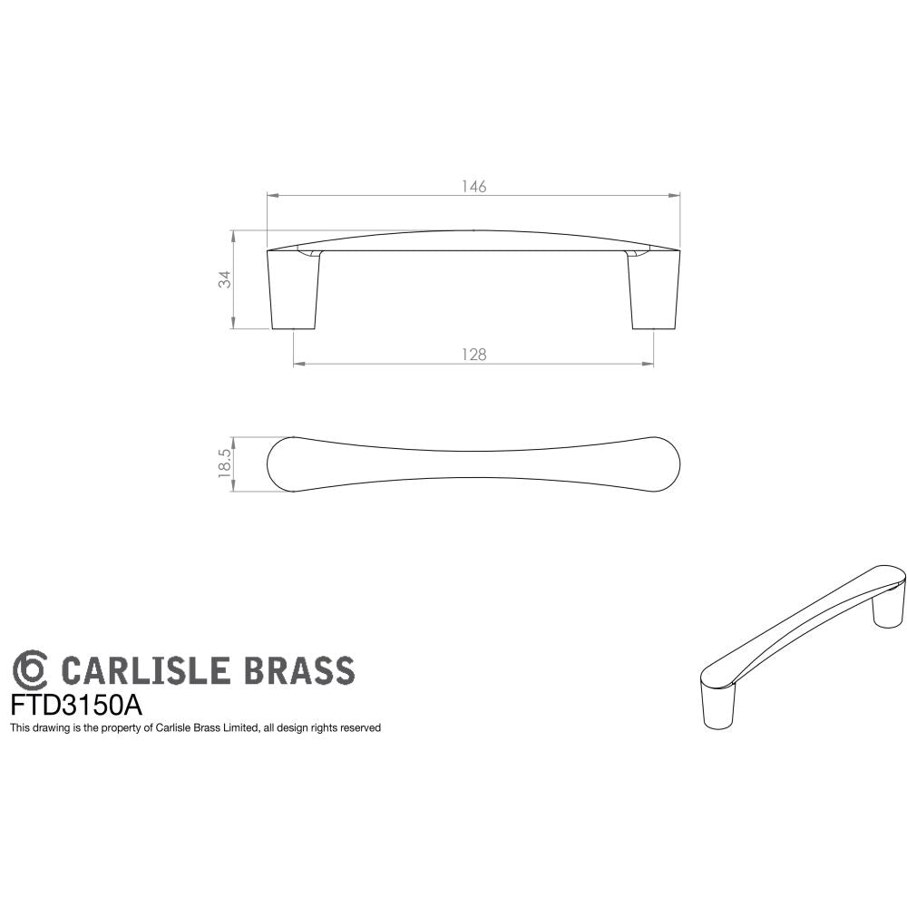 This image is a line drwaing of a FTD - Venturi D Handle 128mm - Polished Chrome available to order from Trade Door Handles in Kendal