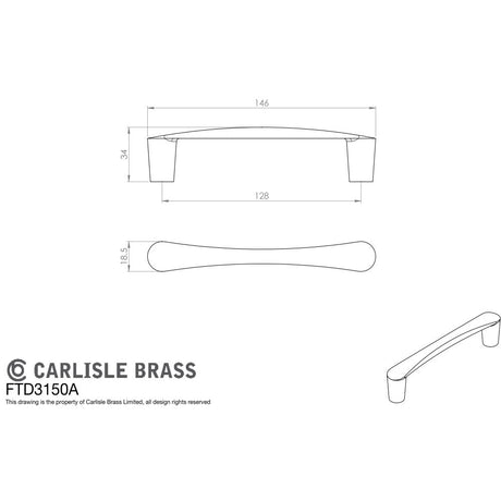 This image is a line drwaing of a FTD - Venturi D Handle 128mm - Polished Chrome available to order from Trade Door Handles in Kendal