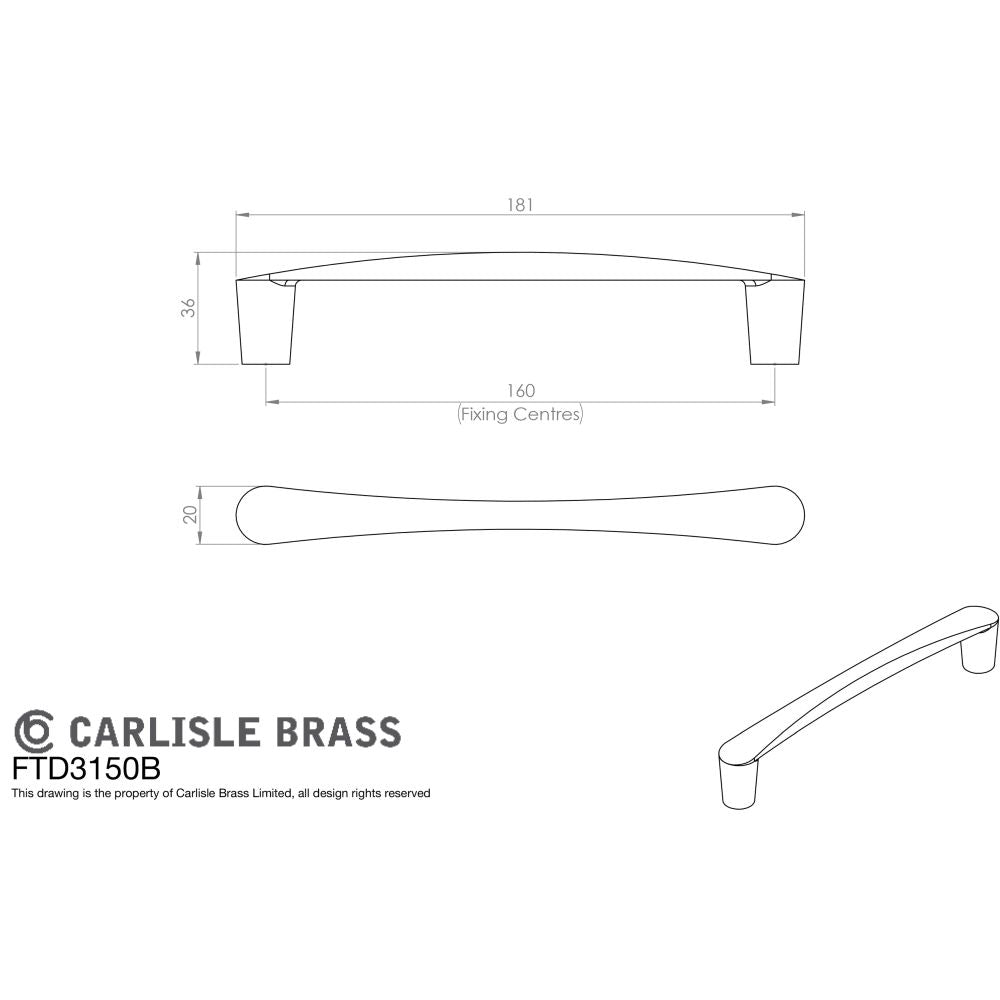 This image is a line drwaing of a FTD - Venturi D Handle 160mm - Satin Nickel available to order from Trade Door Handles in Kendal