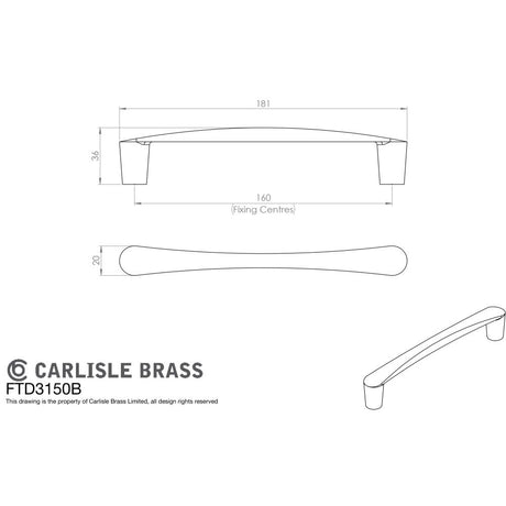 This image is a line drwaing of a FTD - Venturi D Handle 160mm - Polished Chrome available to order from Trade Door Handles in Kendal