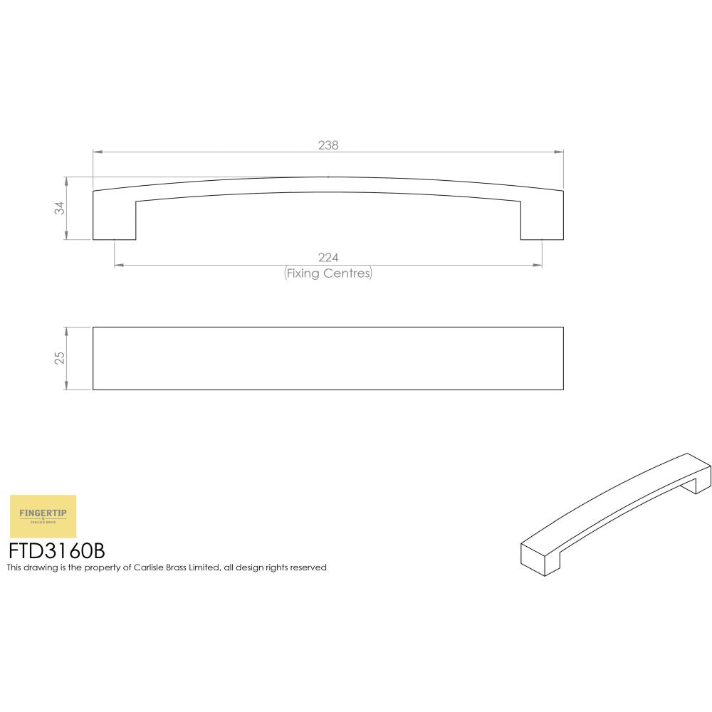 This image is a line drwaing of a FTD - Curva Bow Handle 224mm - Polished Chrome available to order from Trade Door Handles in Kendal