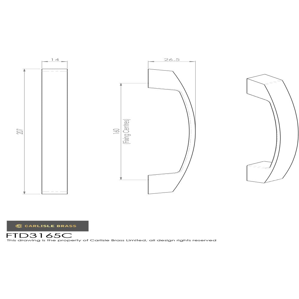 This image is a line drwaing of a FTD - Bridge Handle 160mm - Satin Nickel available to order from Trade Door Handles in Kendal