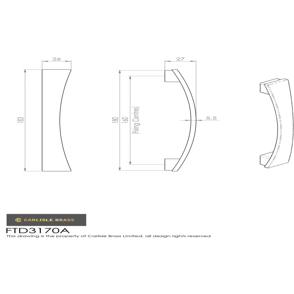 This image is a line drwaing of a FTD - Valetta Bow Handle 160mm - Satin Nickel available to order from Trade Door Handles in Kendal